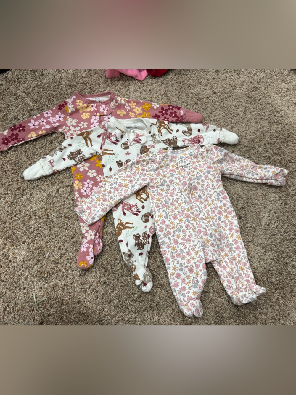 Newborn Baby Girl Footed Sleepers Member’s Mark Carter’s Floral Woodland 3 Pack